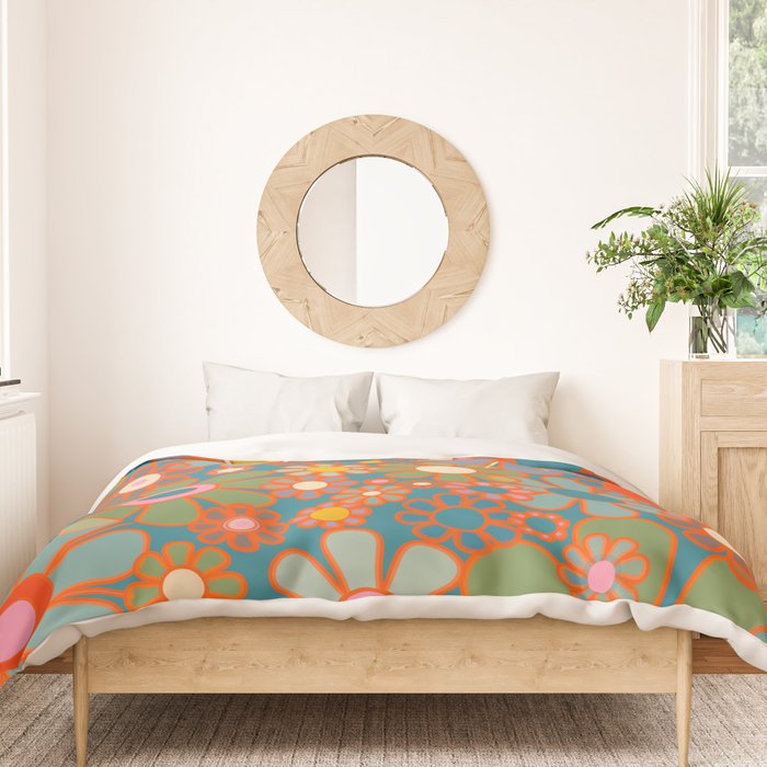 Retro Garden Flowers Vintage 60s 70s Aesthetic Floral Pattern on Blue Duvet Cover Gallery Image 3