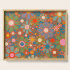 Retro Garden Flowers Vintage 60s 70s Aesthetic Floral Pattern on Blue Serving Tray Gallery Image 1