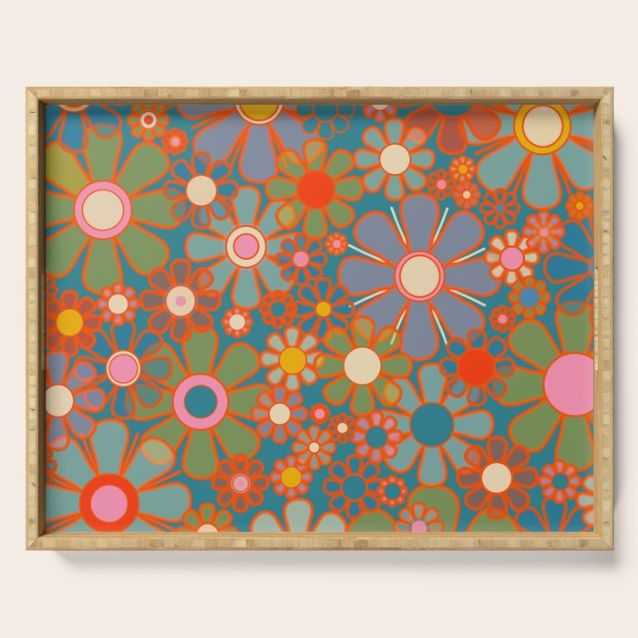 Retro Garden Flowers Vintage 60s 70s Aesthetic Floral Pattern on Blue Serving Tray Gallery Image 1