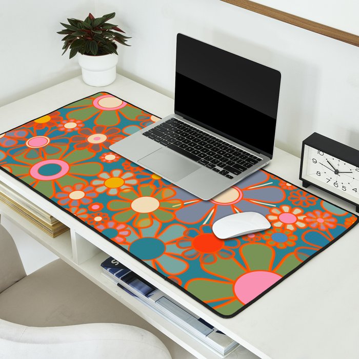 Retro Garden Flowers Vintage 60s 70s Aesthetic Floral Pattern on Blue Desk Mat Gallery Image 2