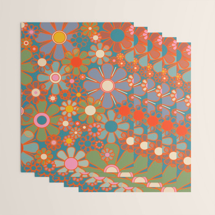Retro Garden Flowers Vintage 60s 70s Aesthetic Floral Pattern on Blue Wrapping Paper Gallery Image 3