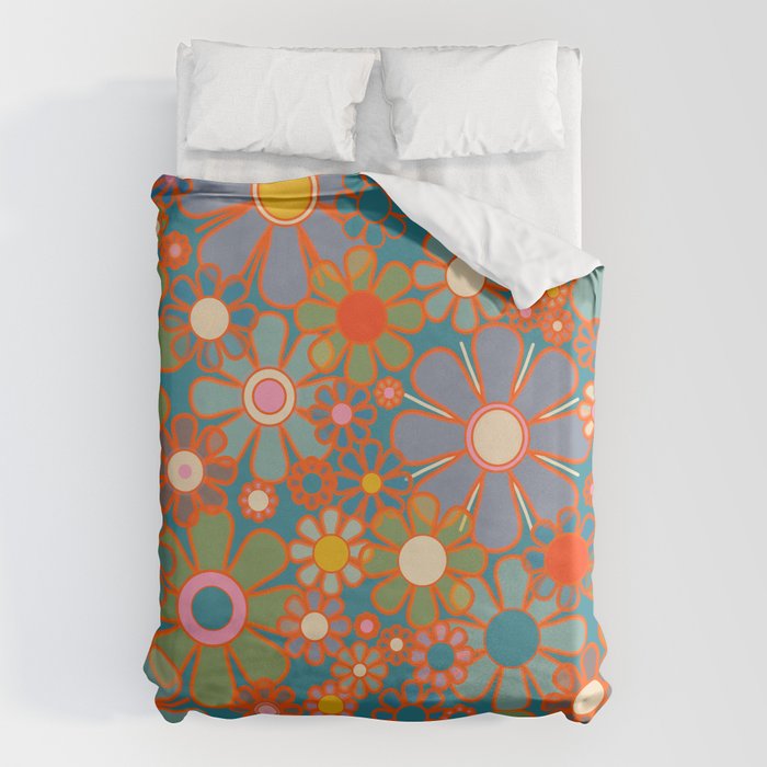 Retro Garden Flowers Vintage 60s 70s Aesthetic Floral Pattern on Blue Duvet Cover Gallery Image 6