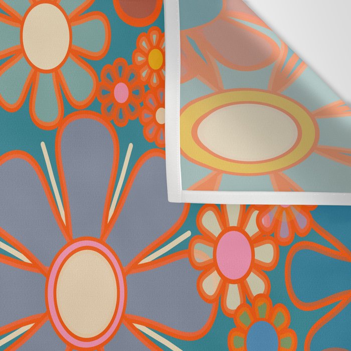 Retro Garden Flowers Vintage 60s 70s Aesthetic Floral Pattern on Blue Wall Tapestry Gallery Image 3