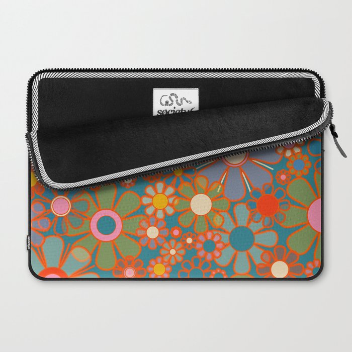 Retro Garden Flowers Vintage 60s 70s Aesthetic Floral Pattern on Blue Laptop Sleeve Gallery Image 2