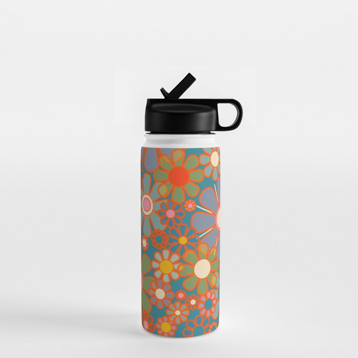 Retro Garden Flowers Vintage 60s 70s Aesthetic Floral Pattern on Blue Water Bottle Gallery Image 1