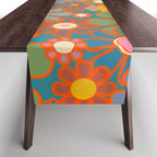 Retro Garden Flowers Vintage 60s 70s Aesthetic Floral Pattern on Blue Table Runner Gallery Image 1