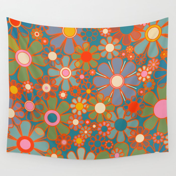 Retro Garden Flowers Vintage 60s 70s Aesthetic Floral Pattern on Blue Wall Tapestry Gallery Image 1