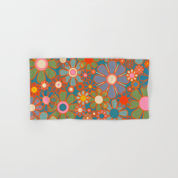 Retro Garden Flowers Vintage 60s 70s Aesthetic Floral Pattern on Blue Bath Towel Gallery Image 1