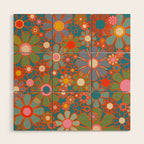 Retro Garden Flowers Vintage 60s 70s Aesthetic Floral Pattern on Blue Wood Wall Art Gallery Image 1