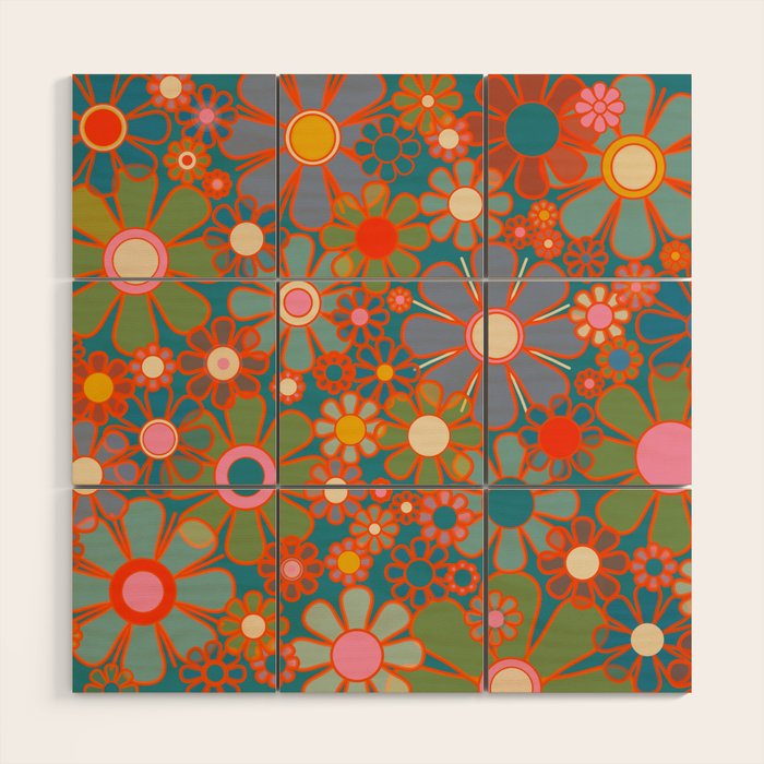 Retro Garden Flowers Vintage 60s 70s Aesthetic Floral Pattern on Blue Wood Wall Art Gallery Image 1