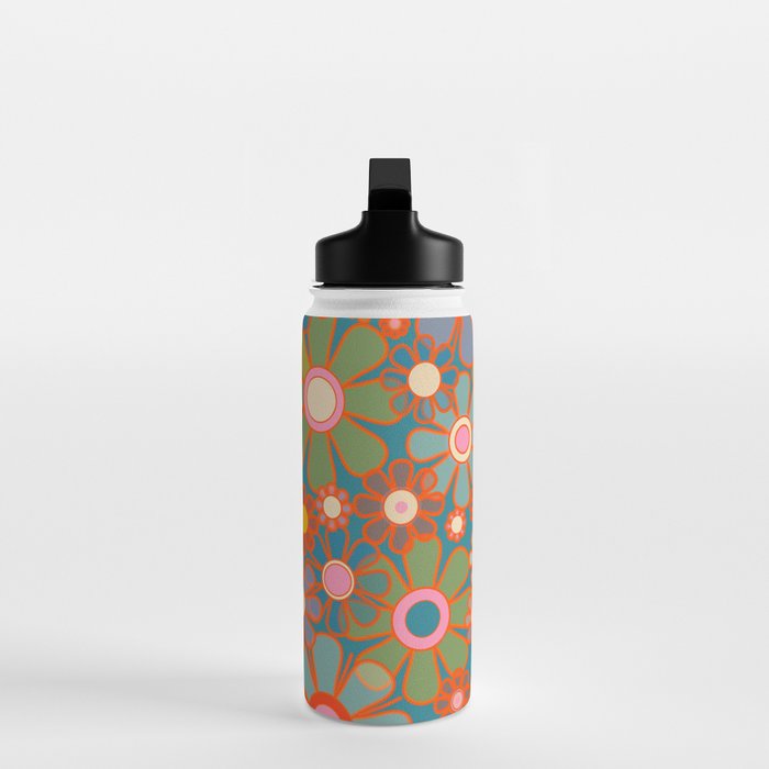 Retro Garden Flowers Vintage 60s 70s Aesthetic Floral Pattern on Blue Water Bottle Gallery Image 3