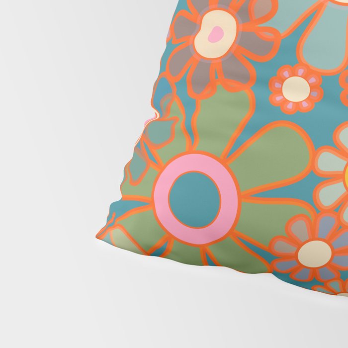 Retro Garden Flowers Vintage 60s 70s Aesthetic Floral Pattern on Blue Pillow Sham Gallery Image 4