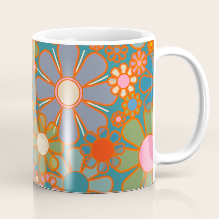 Retro Garden Flowers Vintage 60s 70s Aesthetic Floral Pattern on Blue Coffee Mug Gallery Image 1