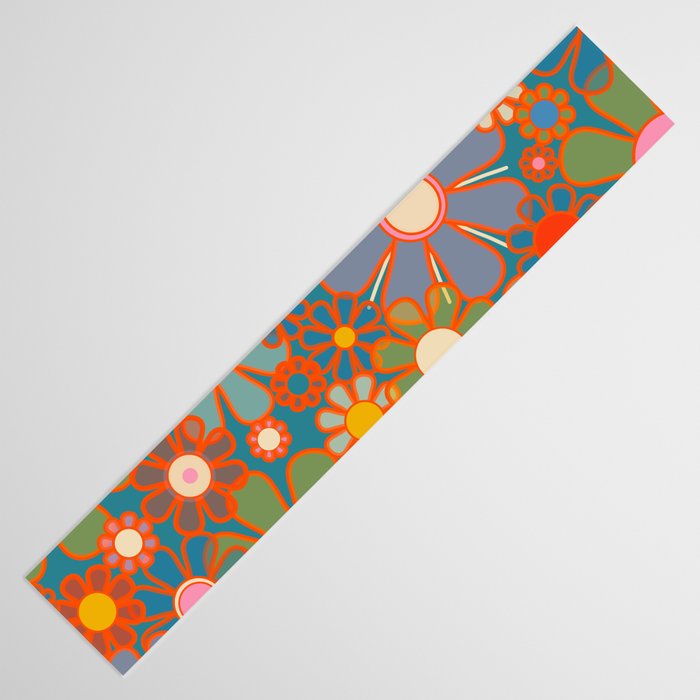Retro Garden Flowers Vintage 60s 70s Aesthetic Floral Pattern on Blue Table Runner Gallery Image 3