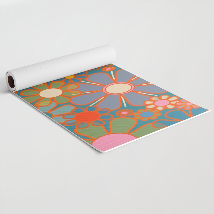 Retro Garden Flowers Vintage 60s 70s Aesthetic Floral Pattern on Blue Yoga Mat Gallery Image 2