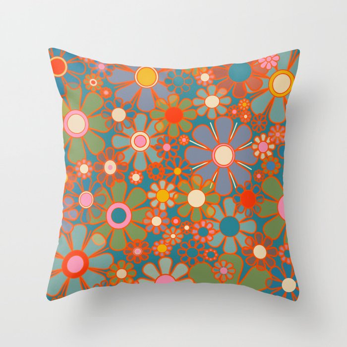Retro Garden Flowers Vintage 60s 70s Aesthetic Floral Pattern on Blue Throw Pillow Gallery Image 6