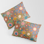 Retro Garden Flowers Vintage 60s 70s Aesthetic Floral Pattern on Blue Pillow Sham Gallery Image 3
