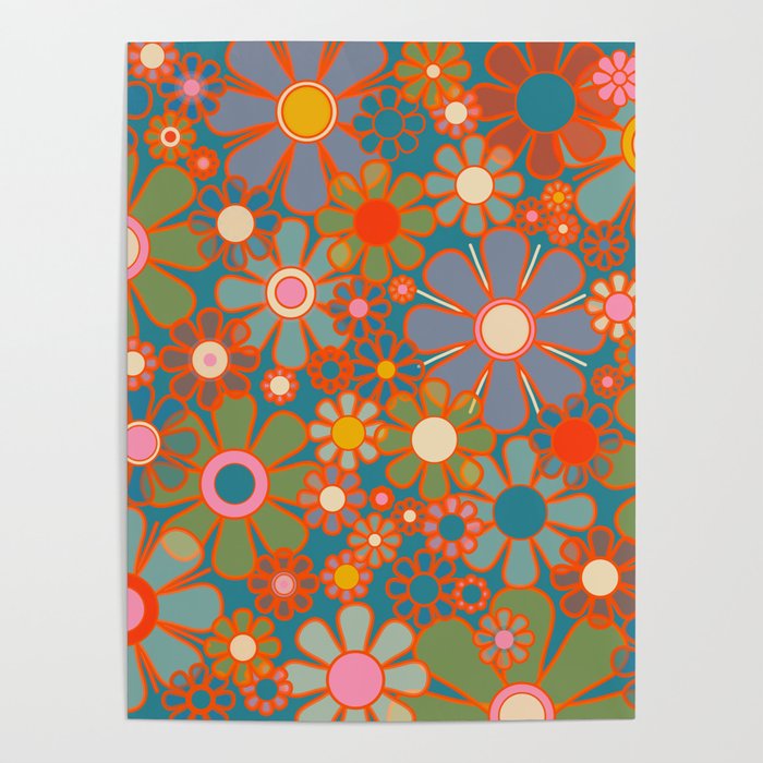 Retro Garden Flowers Vintage 60s 70s Aesthetic Floral Pattern on Blue Poster Gallery Image 1