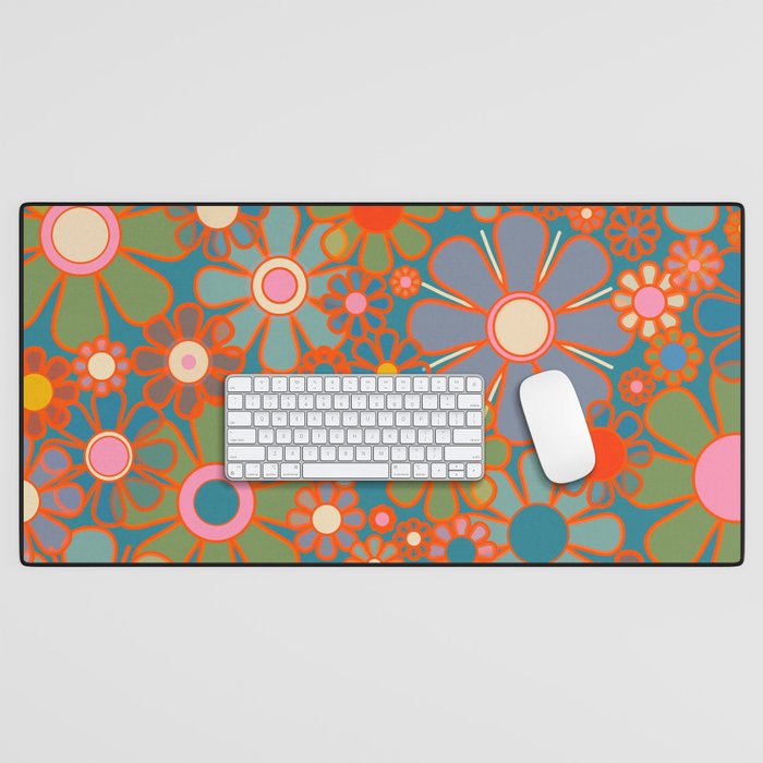 Retro Garden Flowers Vintage 60s 70s Aesthetic Floral Pattern on Blue Desk Mat Gallery Image 1