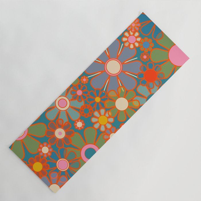 Retro Garden Flowers Vintage 60s 70s Aesthetic Floral Pattern on Blue Yoga Mat Gallery Image 1