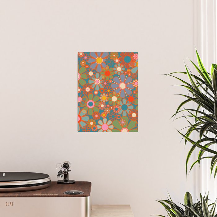 Retro Garden Flowers Vintage 60s 70s Aesthetic Floral Pattern on Blue Poster Gallery Image 2