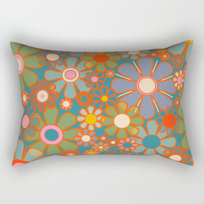 Retro Garden Flowers Vintage 60s 70s Aesthetic Floral Pattern on Blue Rectangular Pillow Gallery Image 2