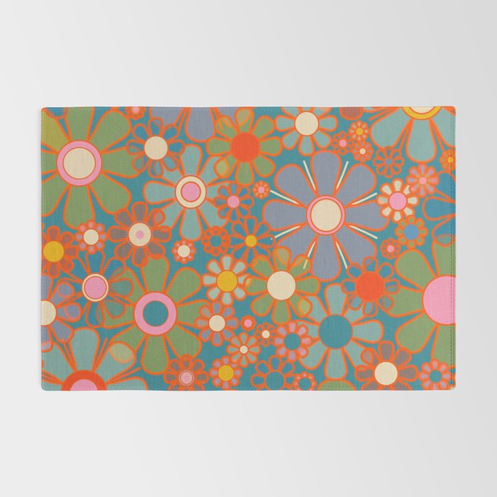 Retro Garden Flowers Vintage 60s 70s Aesthetic Floral Pattern on Blue Rug Gallery Image 2