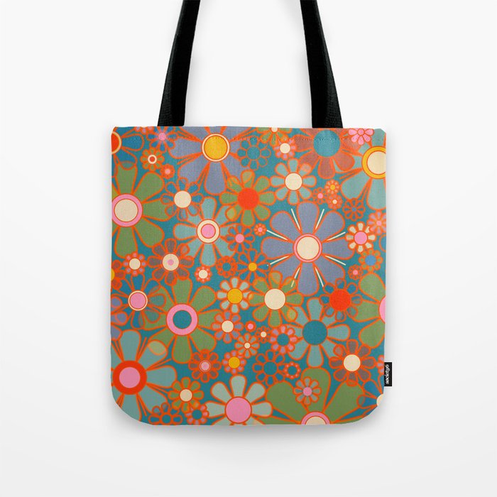 Retro Garden Flowers Vintage 60s 70s Aesthetic Floral Pattern on Blue Tote Bag Gallery Image 1