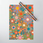 Retro Garden Flowers Vintage 60s 70s Aesthetic Floral Pattern on Blue Wrapping Paper Gallery Image 1