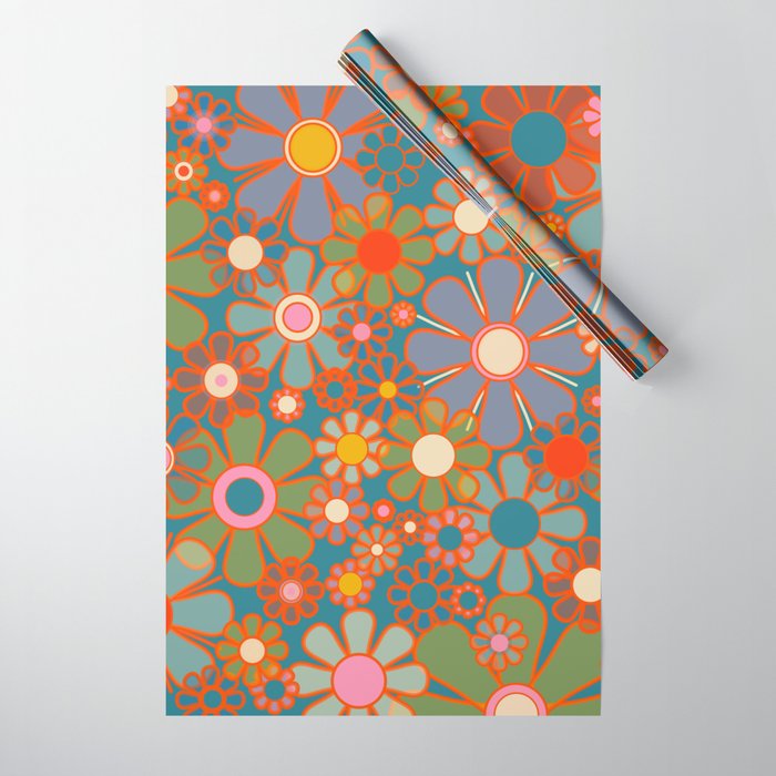 Retro Garden Flowers Vintage 60s 70s Aesthetic Floral Pattern on Blue Wrapping Paper Gallery Image 1