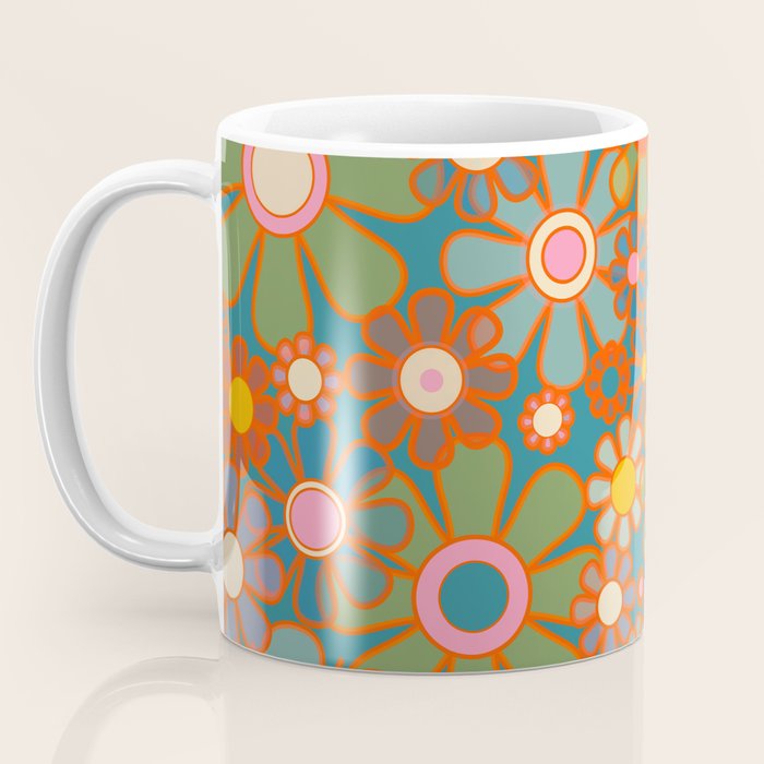 Retro Garden Flowers Vintage 60s 70s Aesthetic Floral Pattern on Blue Coffee Mug Gallery Image 3