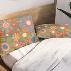 Retro Garden Flowers Vintage 60s 70s Aesthetic Floral Pattern on Blue Pillow Sham Gallery Image 2