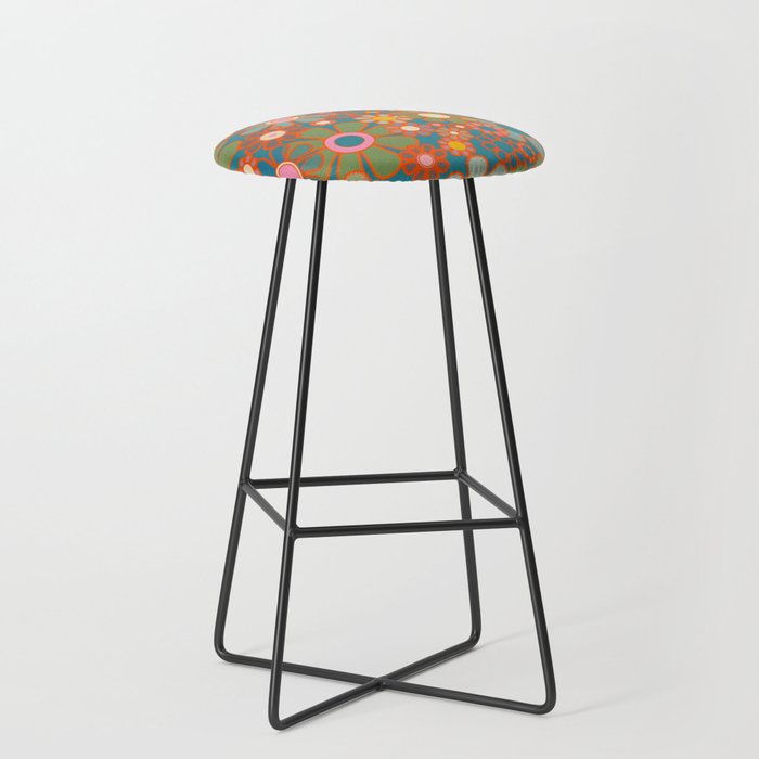 Retro Garden Flowers Vintage 60s 70s Aesthetic Floral Pattern on Blue Stool Gallery Image 1