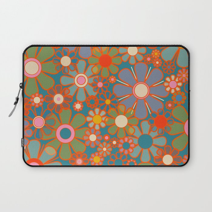 Retro Garden Flowers Vintage 60s 70s Aesthetic Floral Pattern on Blue Laptop Sleeve Gallery Image 1