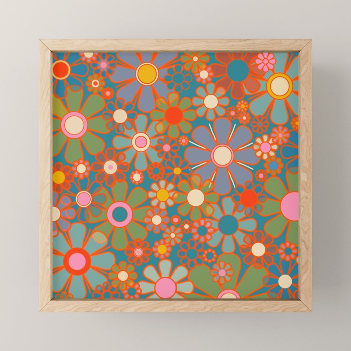 Retro Garden Flowers Vintage 60s 70s Aesthetic Floral Pattern on Blue Mini Art Print Gallery Image 1