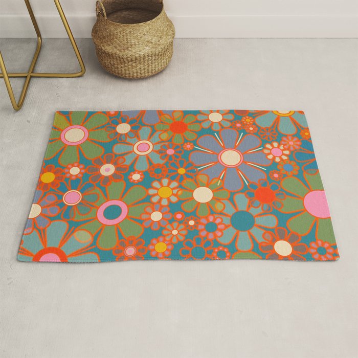 Retro Garden Flowers Vintage 60s 70s Aesthetic Floral Pattern on Blue Rug Gallery Image 1