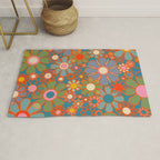 Retro Garden Flowers Vintage 60s 70s Aesthetic Floral Pattern on Blue Rug Gallery Image 1