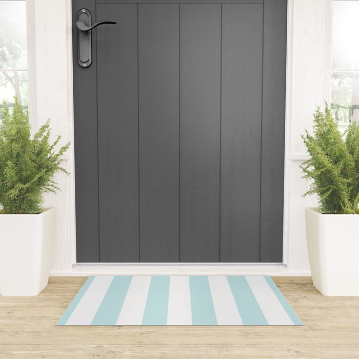 Duck Egg Pale Aqua Blue and White Wide Vertical Cabana Tent Stripe Welcome Mat Gallery Image 3