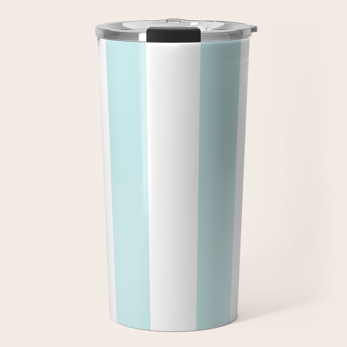 Duck Egg Pale Aqua Blue and White Wide Vertical Cabana Tent Stripe Travel Mug Gallery Image 1