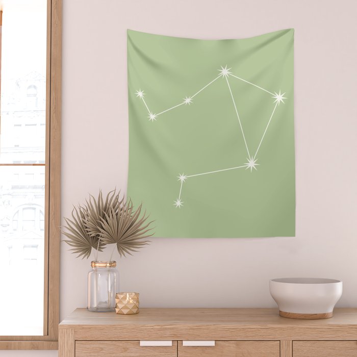 Libra Zodiac Star Constellation Line Art Soft Green Wall Tapestry Gallery Image 2