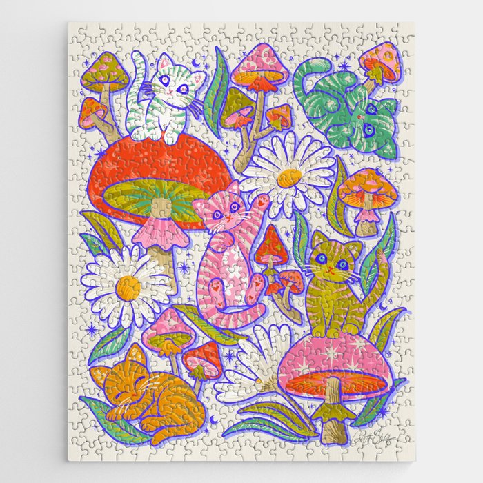 Kittens & Shrooms - Rainbow & Indigo on White Jigsaw Puzzle Gallery Image 1