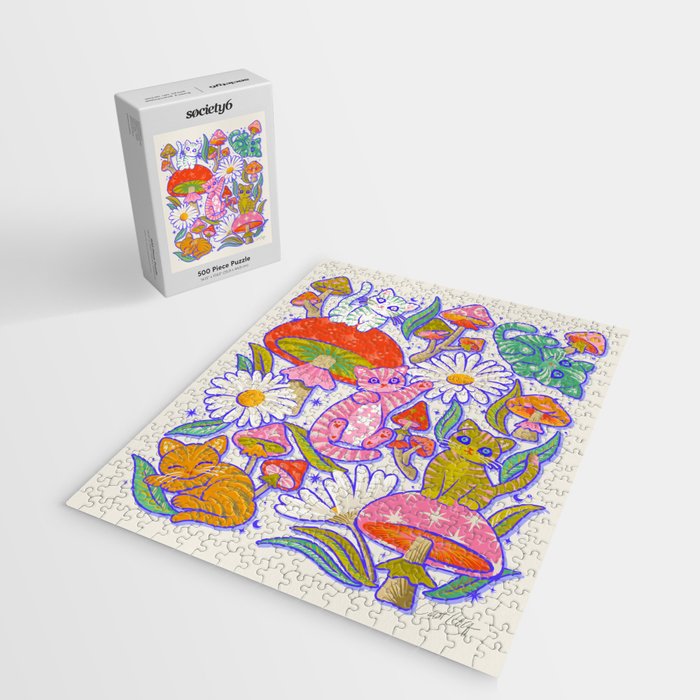 Kittens & Shrooms - Rainbow & Indigo on White Jigsaw Puzzle Gallery Image 2
