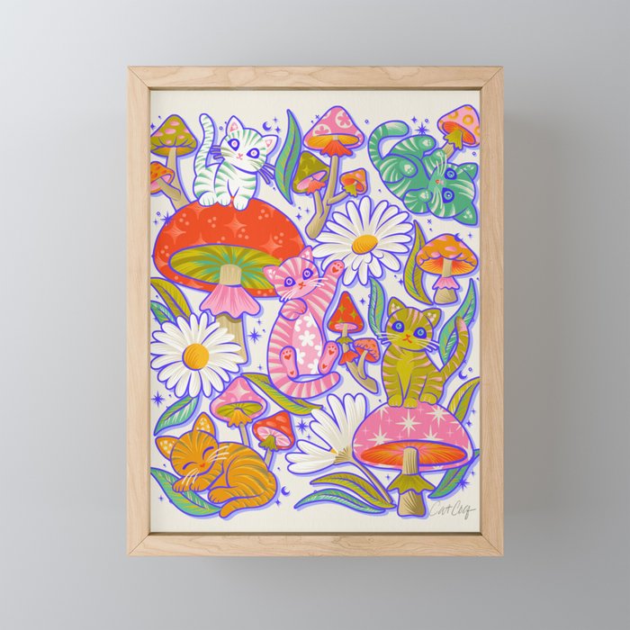 Kittens & Shrooms - Rainbow & Indigo on White Mini Art Print Gallery Image 1
