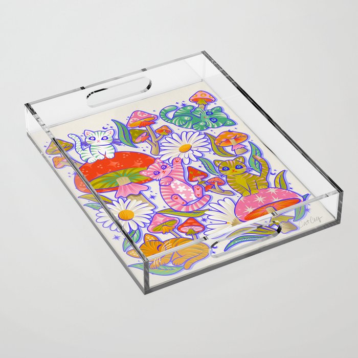 Kittens & Shrooms - Rainbow & Indigo on White Acrylic Tray Gallery Image 1