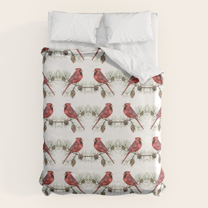 Christmas Red Cardinal Bird and Pine Watercolor Duvet Cover Gallery Image 6