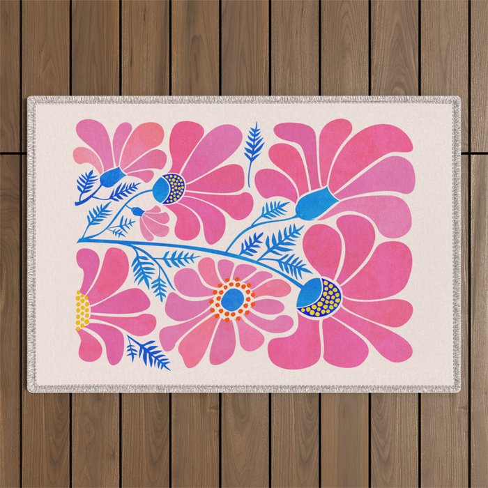 Pink Wildflowers - Floral Illustration Outdoor Rug Gallery Image 1