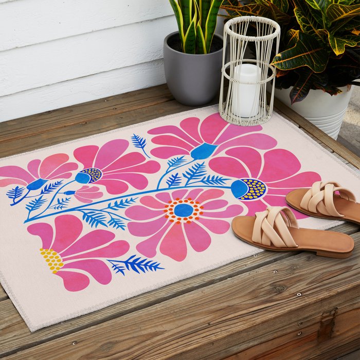 Pink Wildflowers - Floral Illustration Outdoor Rug Gallery Image 2