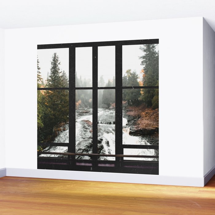 Window to the Waterfall and Forest | Foggy Forest Landscape in Autumn Wall Mural Gallery Image 2