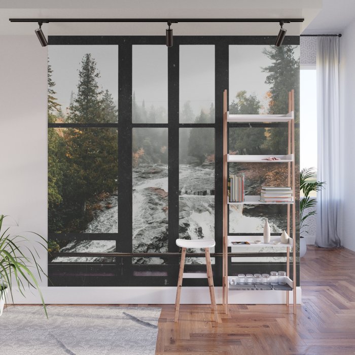 Window to the Waterfall and Forest | Foggy Forest Landscape in Autumn Wall Mural Gallery Image 1