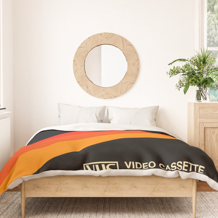 VHS cassette, case T-180 - retrowave poster, retrowave art Duvet Cover Gallery Image 3